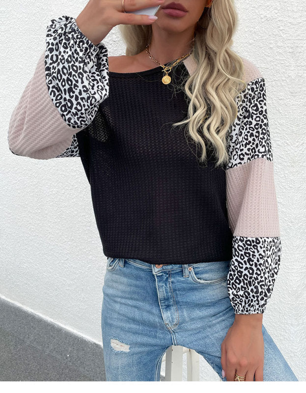 Long-Sleeve Waffle Top Paneled Leopard Knit Sweater