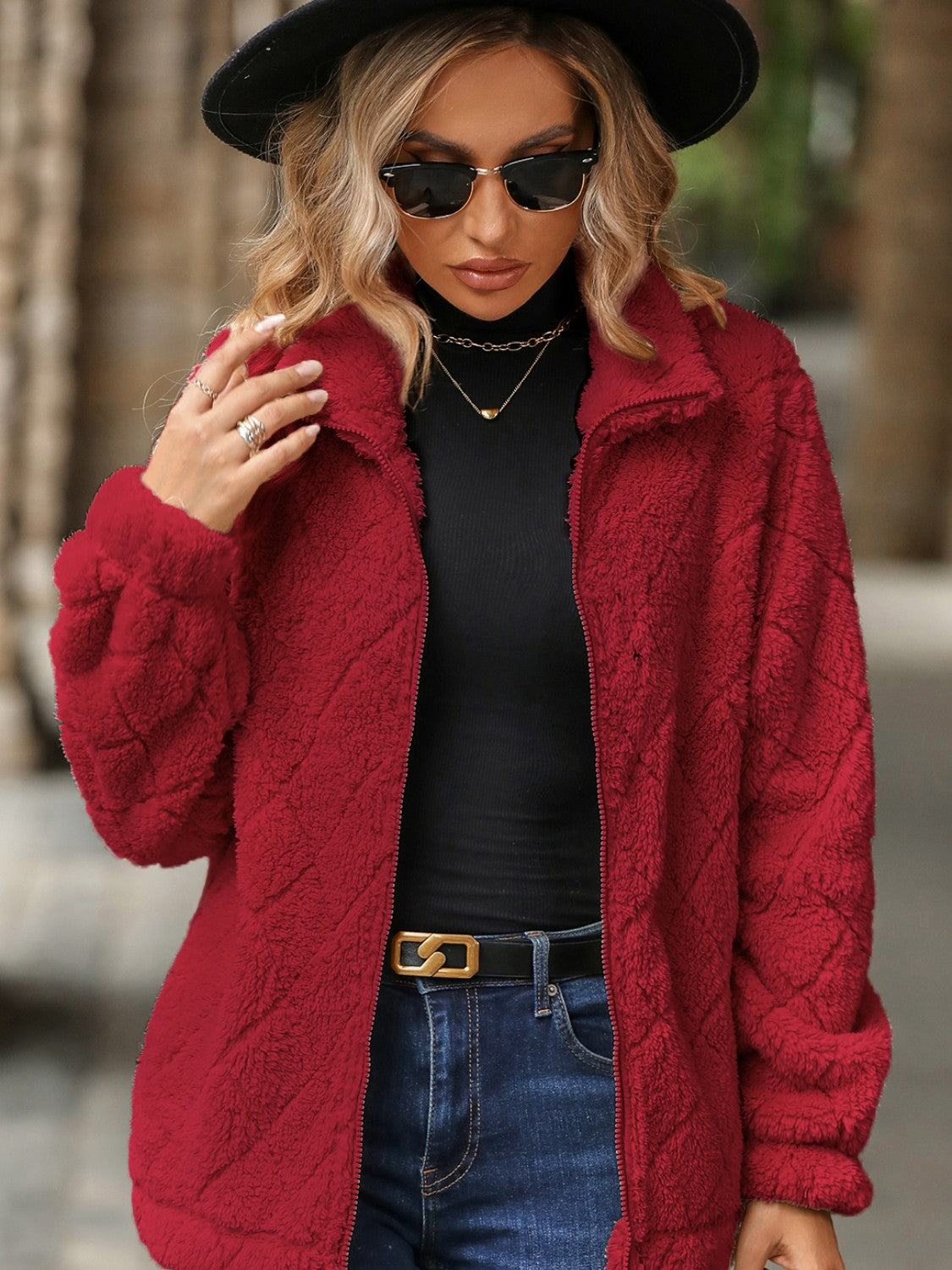 Fuzzy Pocketed Zip Up Jacket