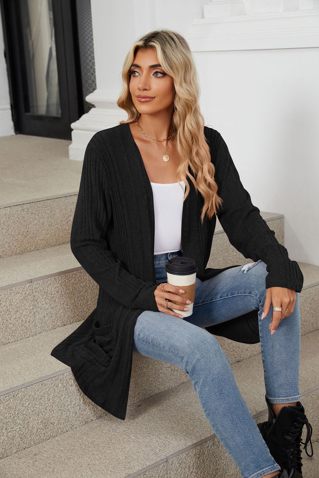 Pocketed Open Front Long Sleeve Cardigan