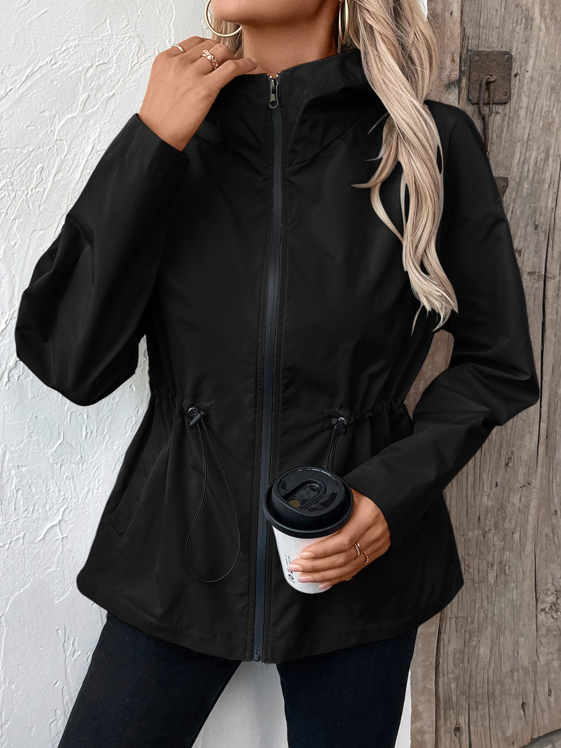 Ivy Lane Drawstring Zip Up Hooded Jacket