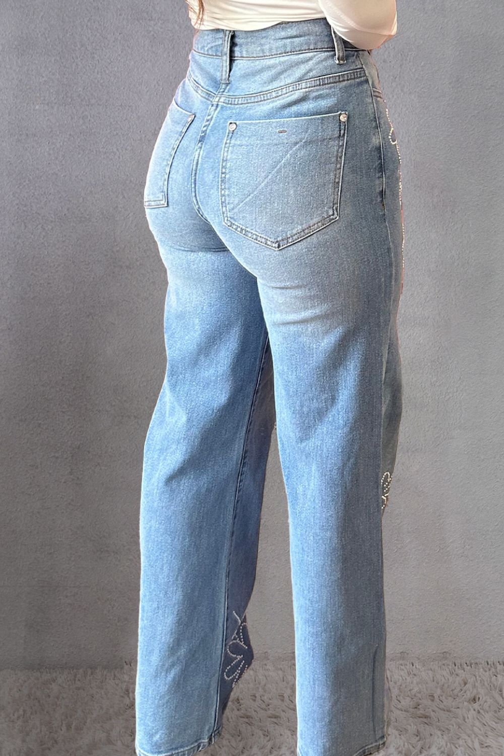 Rhinestone Straight Jeans with Pockets