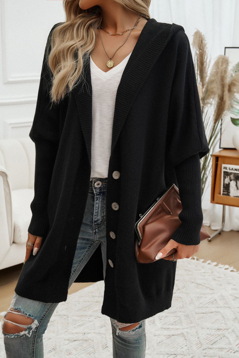 Button Up Long Sleeve Hooded Cardigan