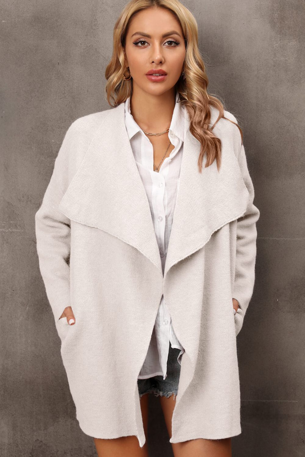 Angel Wings Waterfall Collar Longline Cardigan with Side Pockets