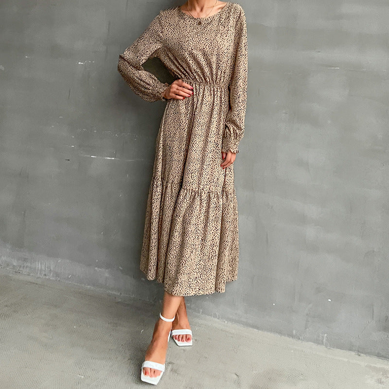 leopard long sleeve round neck long dress female autumn and winter