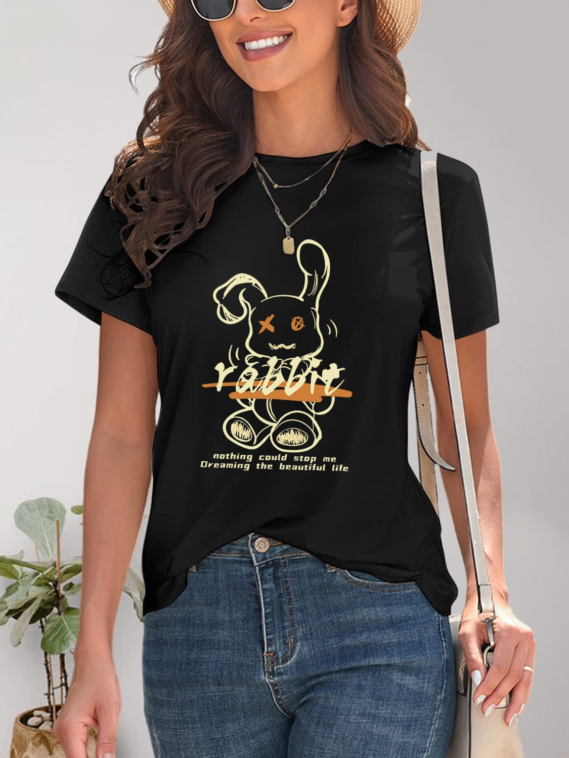 Rabbit Graphic Round Neck Short Sleeve T-Shirt