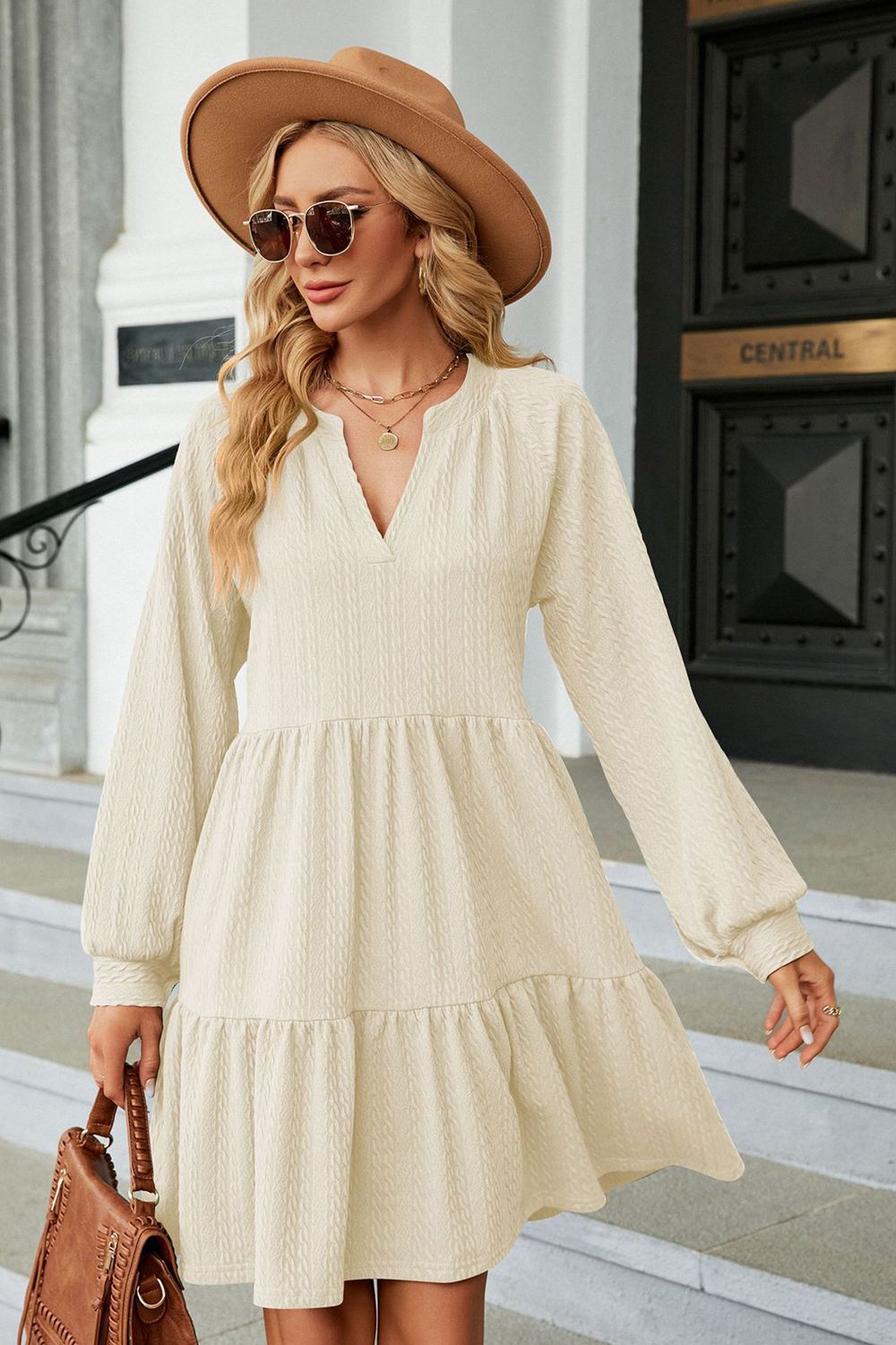 notched neck long sleeve mini dress