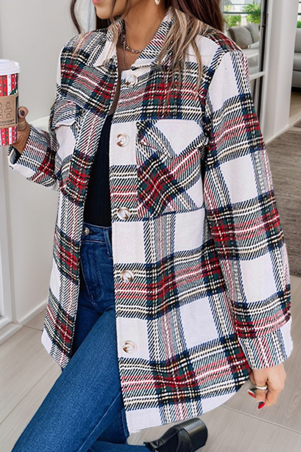 MeiMei Plaid Pocketed Button Up Jacket