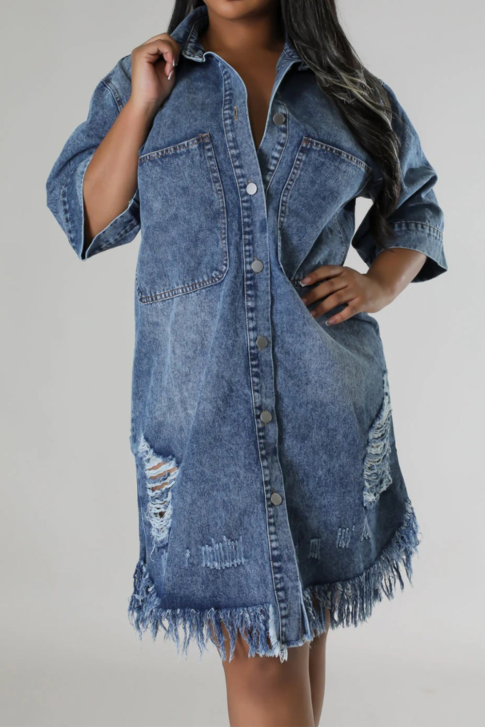 distressed raw hem button up denim dress