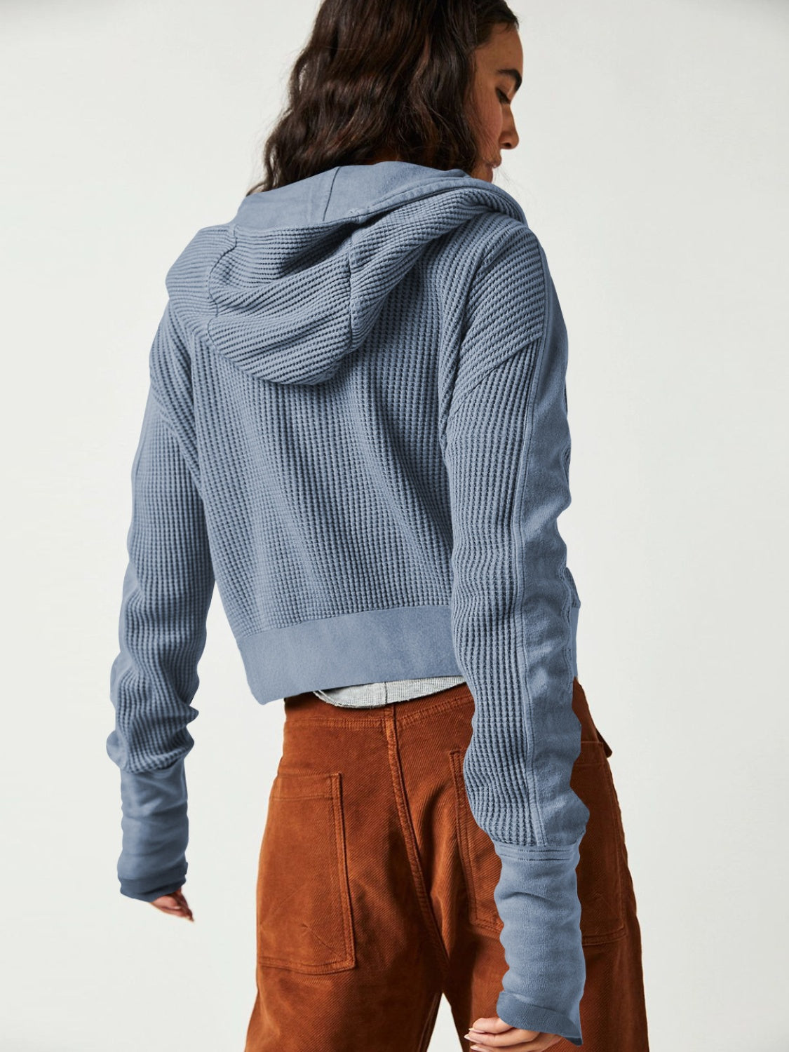 Waffle-Knit Dropped Shoulder Hooded Jacket