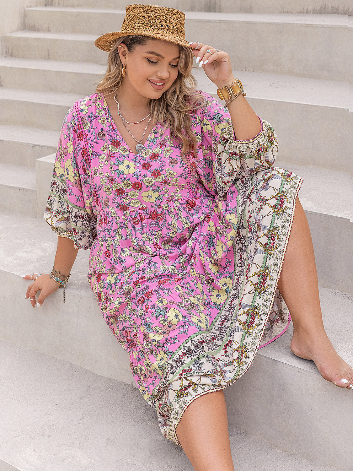 Plus Size Floral V-Neck Balloon Sleeve Midi Dress