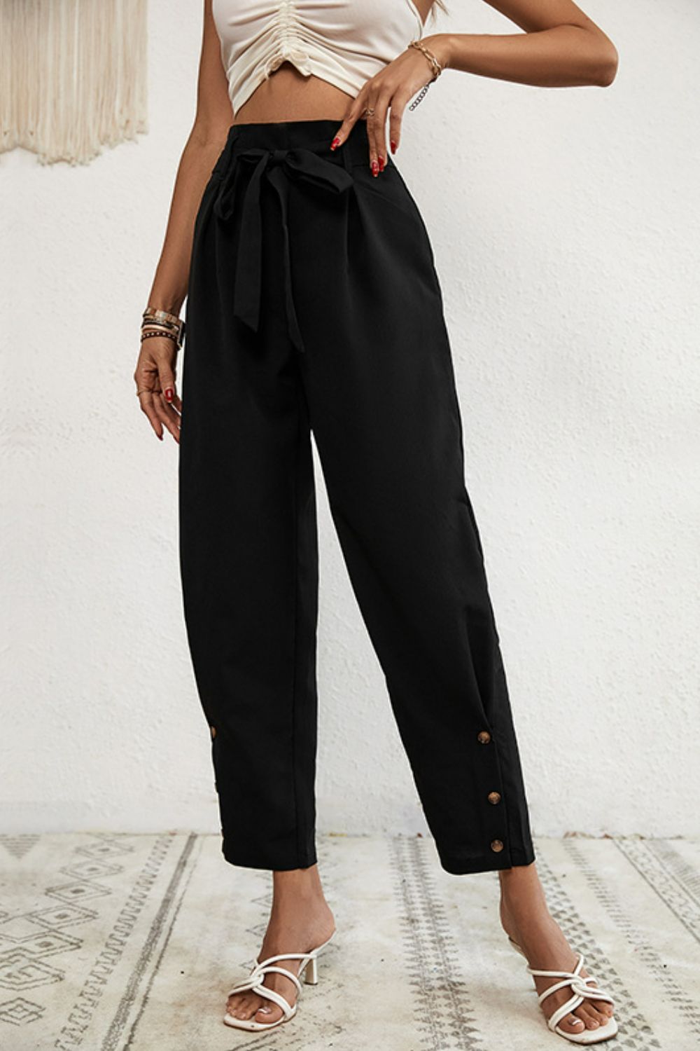 Perfee Buttoned Tie-Waist Cropped Pants