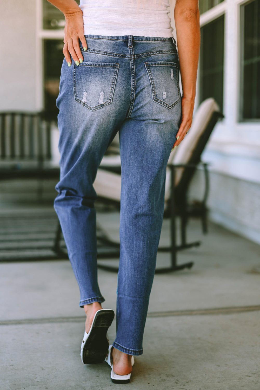 Plaid Distressed Jeans with Pockets