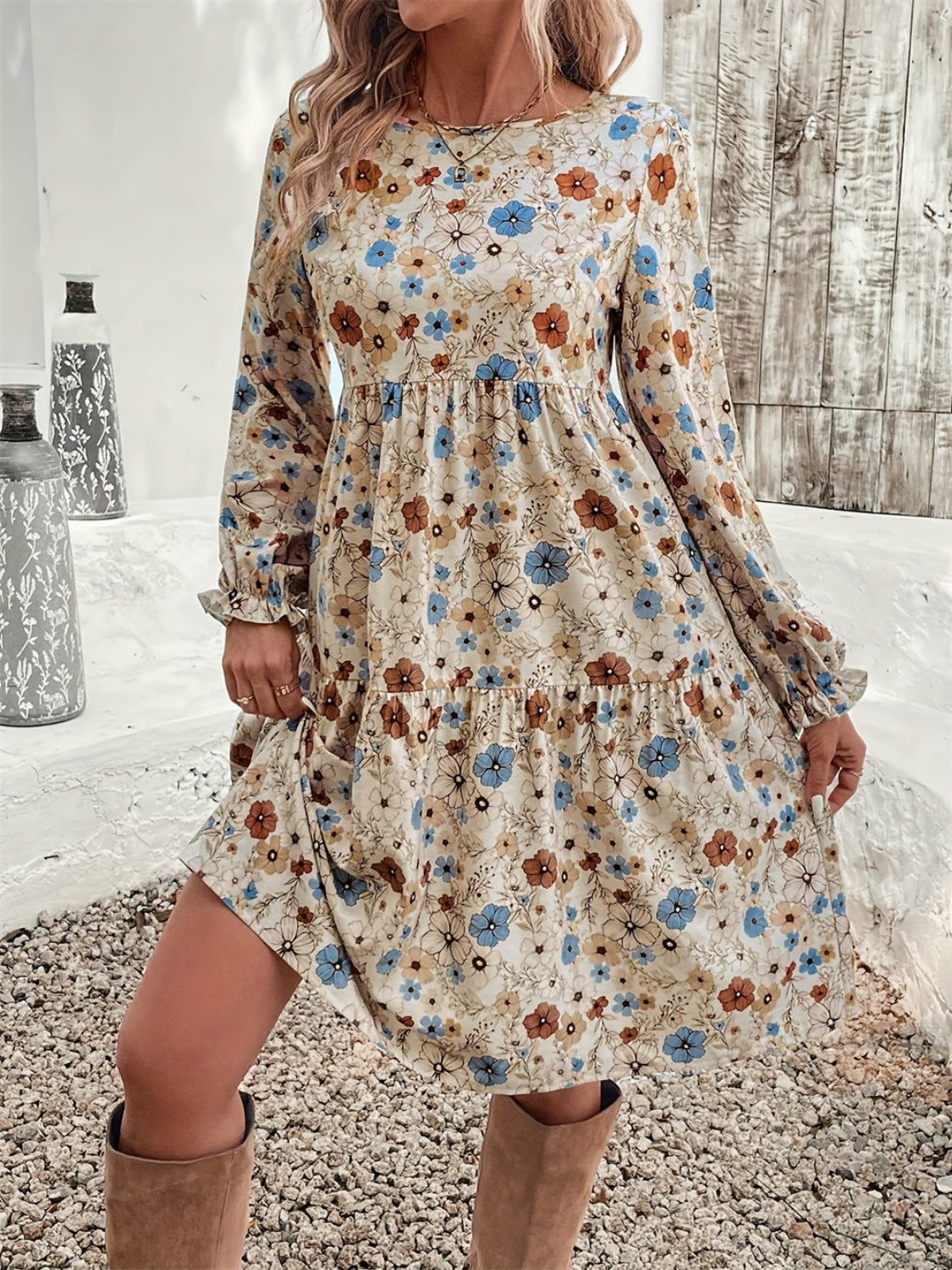 ruffled printed round neck long sleeve dress