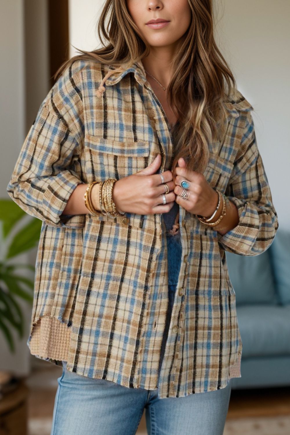 Drawstring Plaid Button Up Hooded Shacket