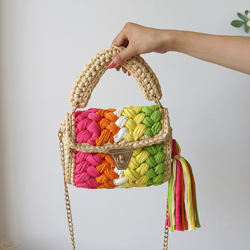 Women's Cotton Woven Fashion Colorblock Hand Crocheting Shoulder Bag