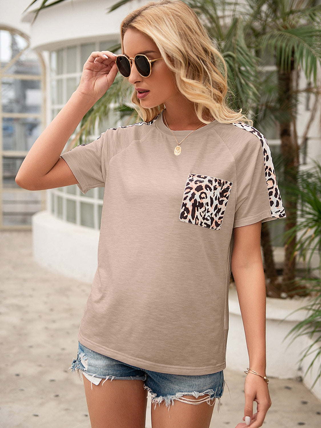 Ivy Lane Pocketed Leopard Round Neck Short Sleeve T-Shirt