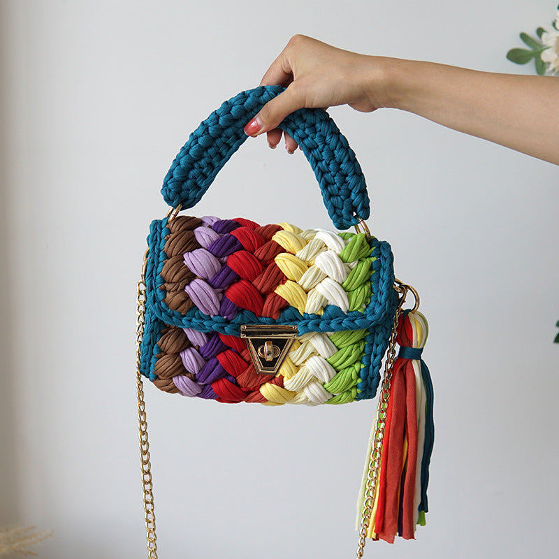 Women's Cotton Woven Fashion Colorblock Hand Crocheting Shoulder Bag