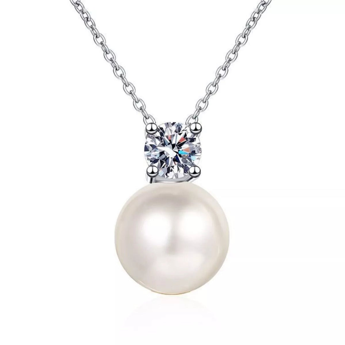 925 Sterling Silver Moissanite Pearl Necklace - 