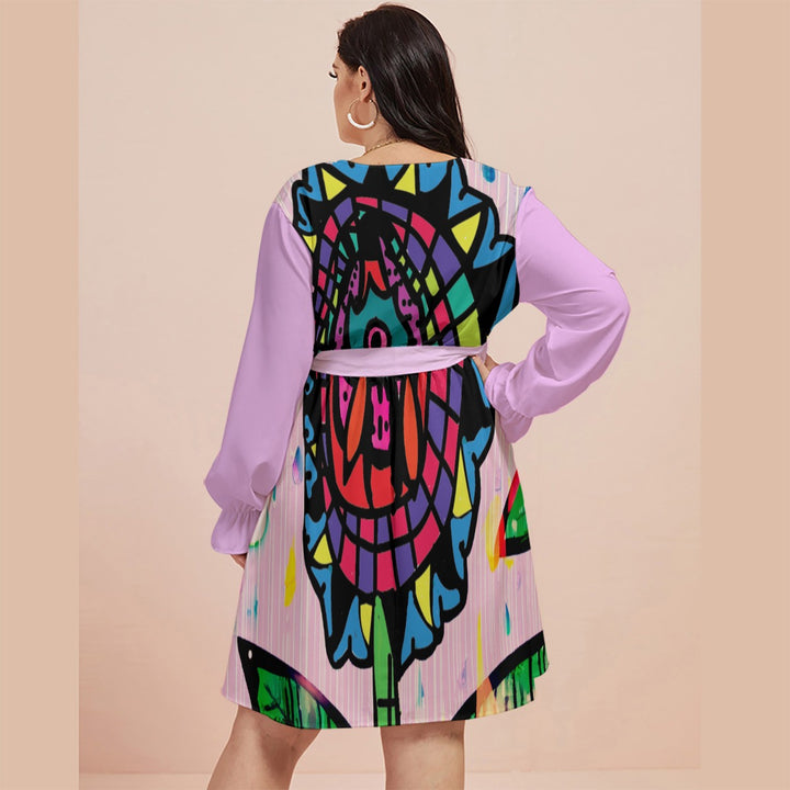 All-Over Print Women's V-neck Dress With Waistband(Plus Size)
