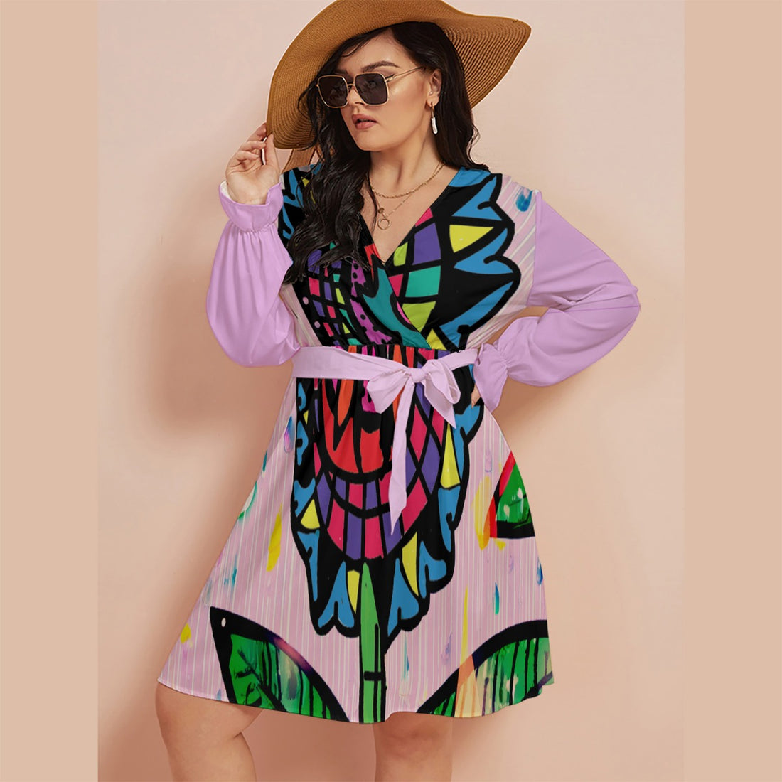 All-Over Print Women's V-neck Dress With Waistband(Plus Size)