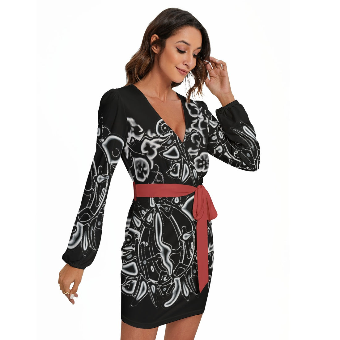 All-Over Print Women's Long Sleeve Dress With Waist Belt
