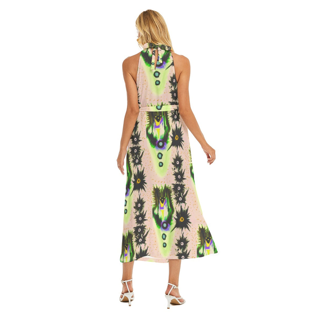 All-Over Print Women's Wrap Hem Belted Halter Dress