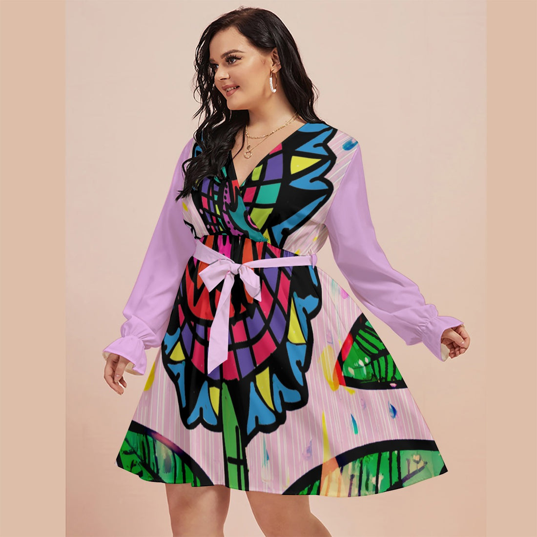 All-Over Print Women's V-neck Dress With Waistband(Plus Size)