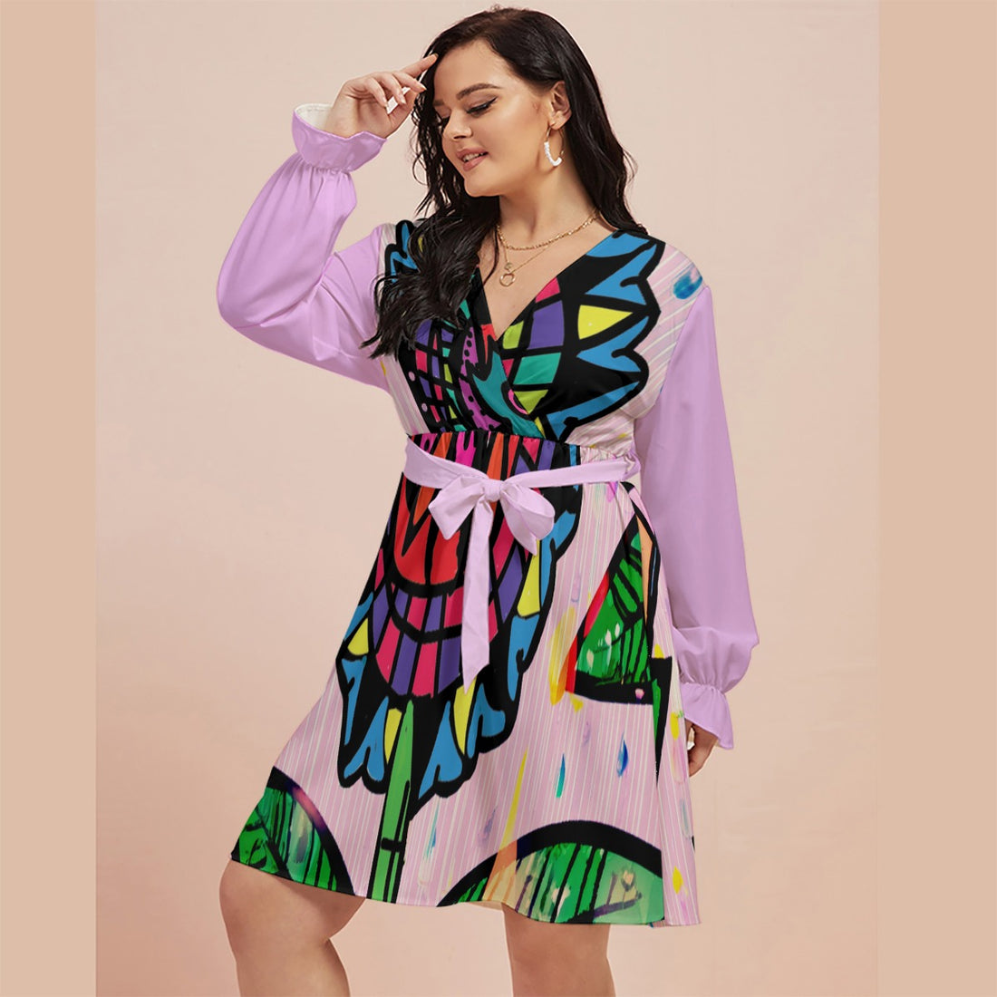 All-Over Print Women's V-neck Dress With Waistband(Plus Size)