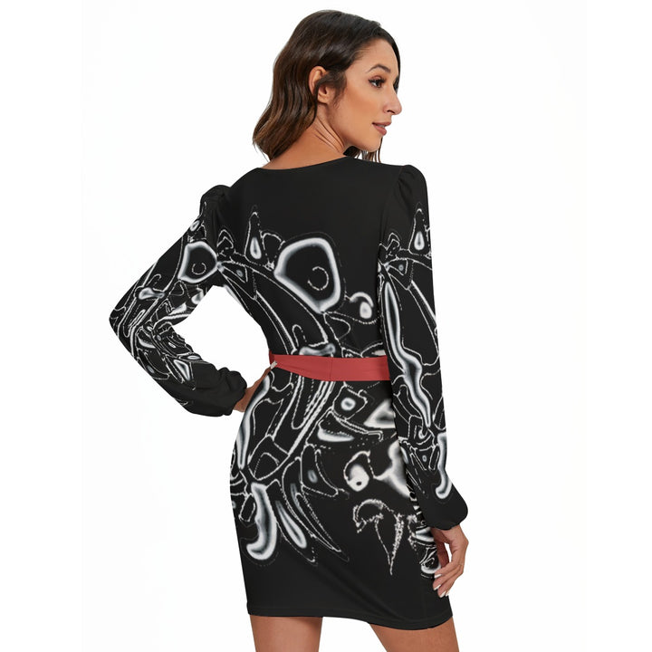 All-Over Print Women's Long Sleeve Dress With Waist Belt
