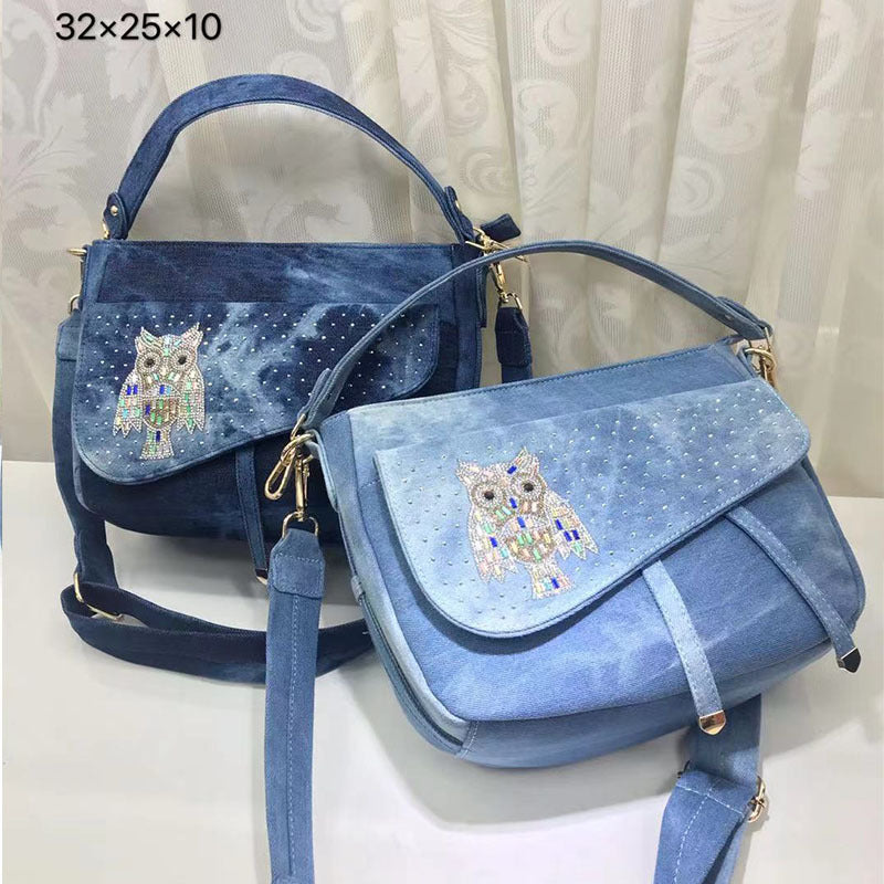 Fashion Denim Female Bag Owl Denim Bag KTM Denim Bag Flower Bag Shoulder Messenger Portable Bucket Bag Small