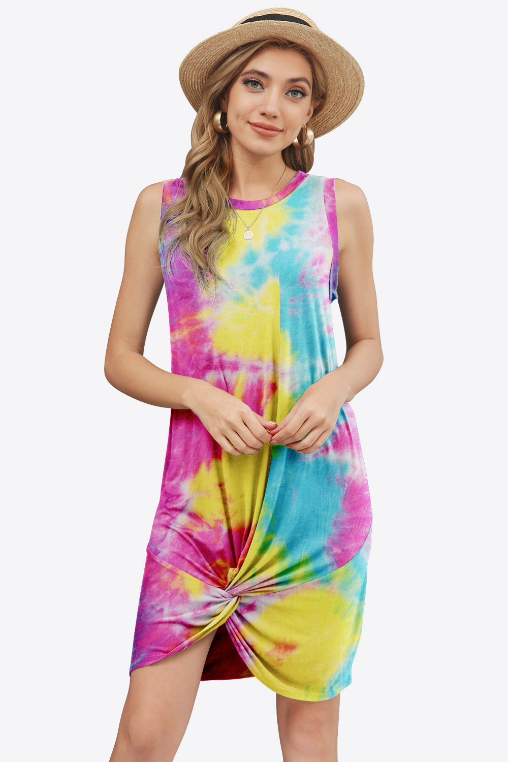 tie-dye twisted round neck sleeveless dress