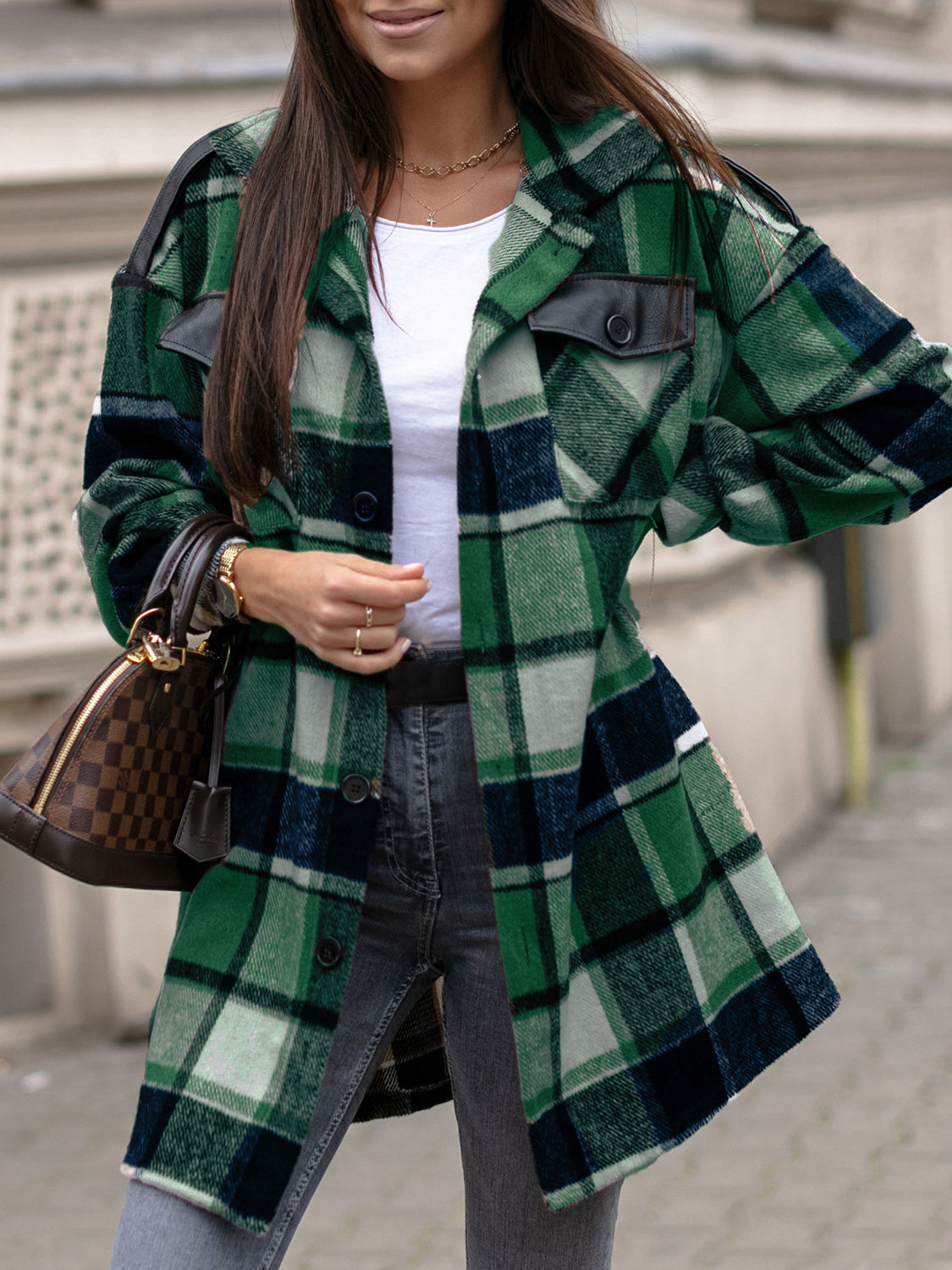 MeiMei Pocketed Plaid Button Up Dropped Shoulder Shacket