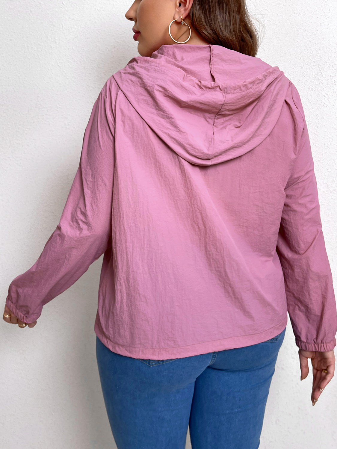 Plus Size Zip-Up Drawstring Hooded Jacket with Pockets