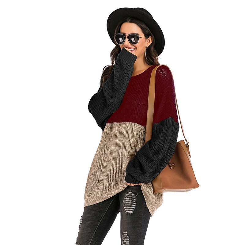 women's contrast color loose long sleeve knitted mid-length sweater