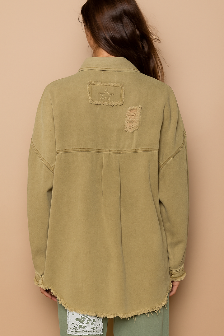 POL Button Down Raw Hem Distressed Shacket