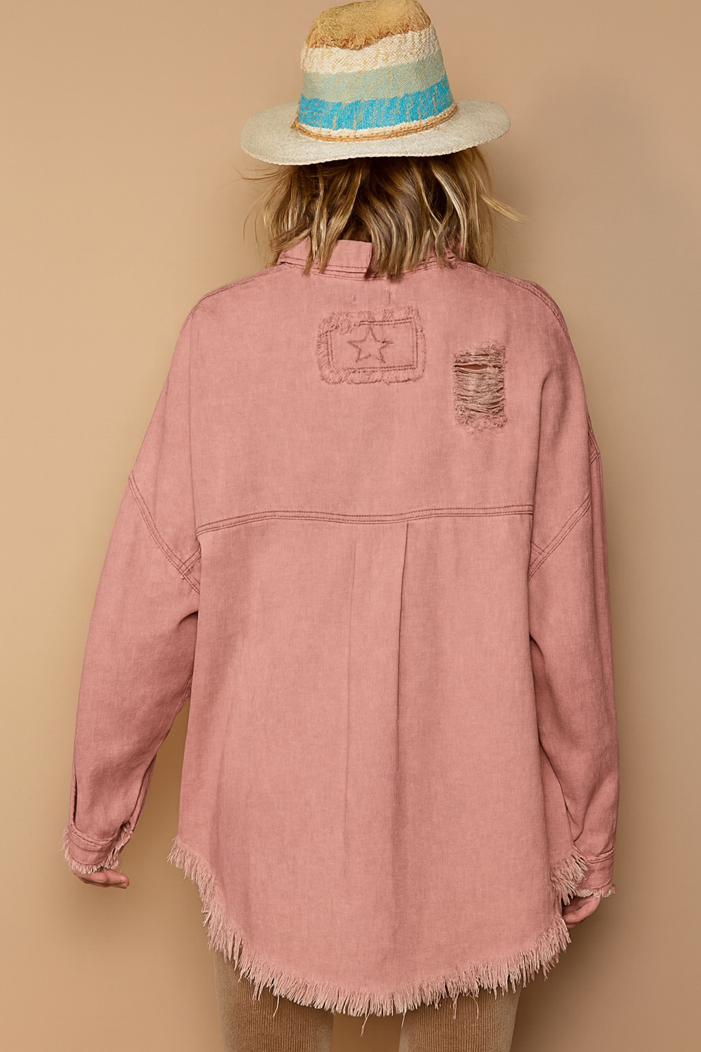 POL Button Down Raw Hem Distressed Shacket