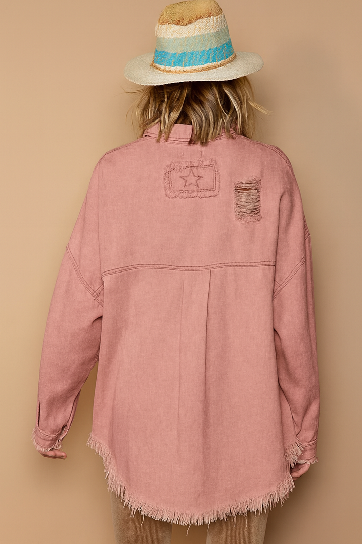 POL Button Down Raw Hem Distressed Shacket