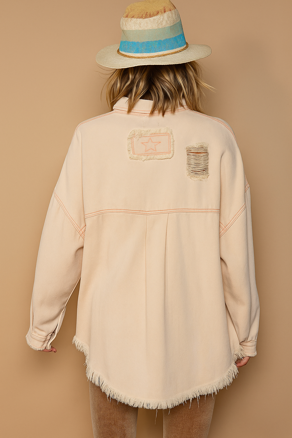 POL Button Down Raw Hem Distressed Shacket