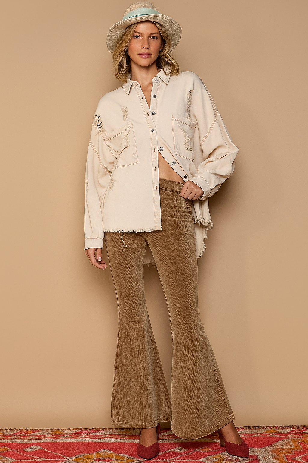 POL Button Down Raw Hem Distressed Shacket