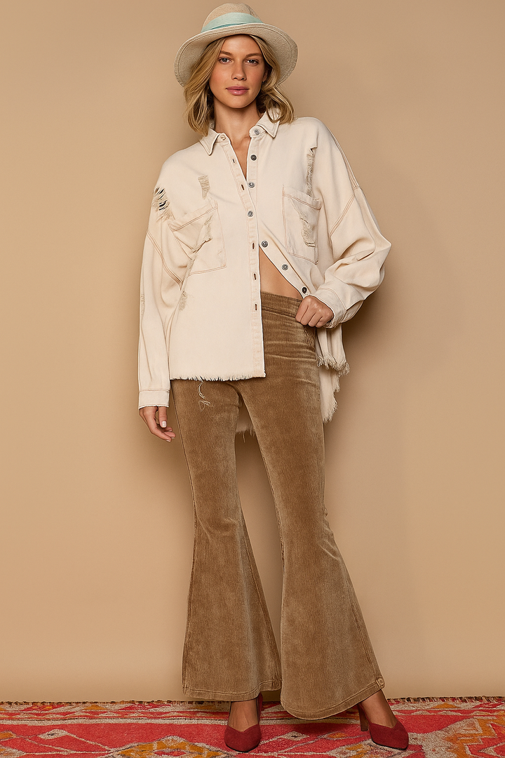 POL Button Down Raw Hem Distressed Shacket