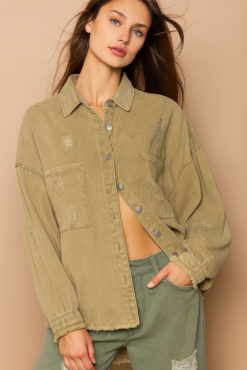POL Button Down Raw Hem Distressed Shacket