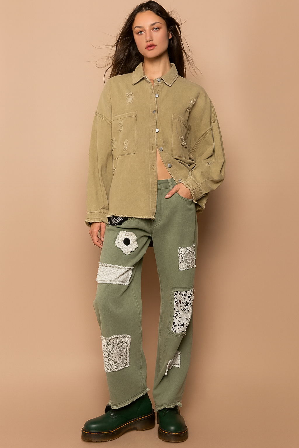 POL Button Down Raw Hem Distressed Shacket