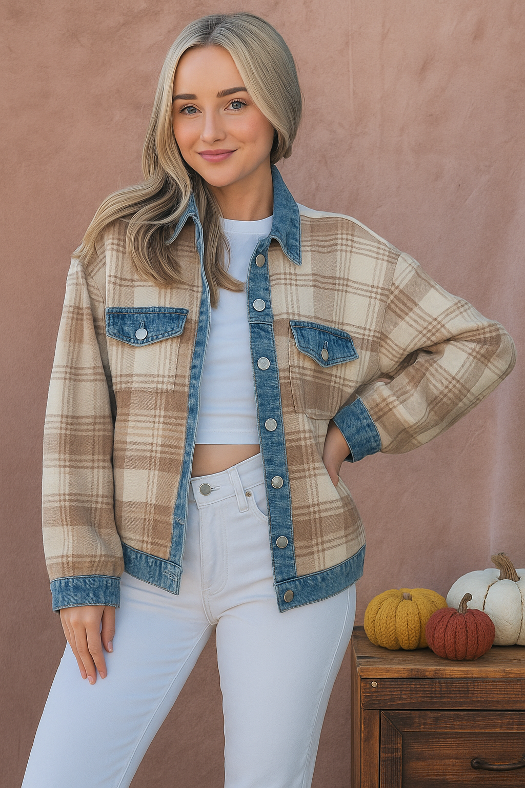 And The Why Full Size Washed Denim Detail Brushed Plaid Jacket
