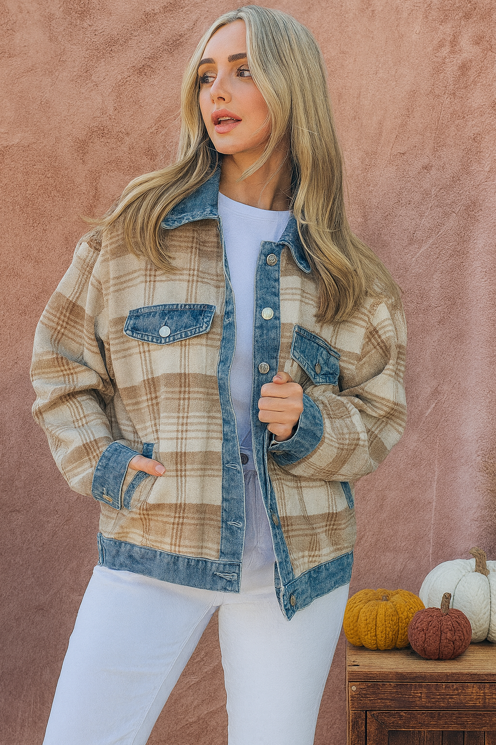 And The Why Full Size Washed Denim Detail Brushed Plaid Jacket