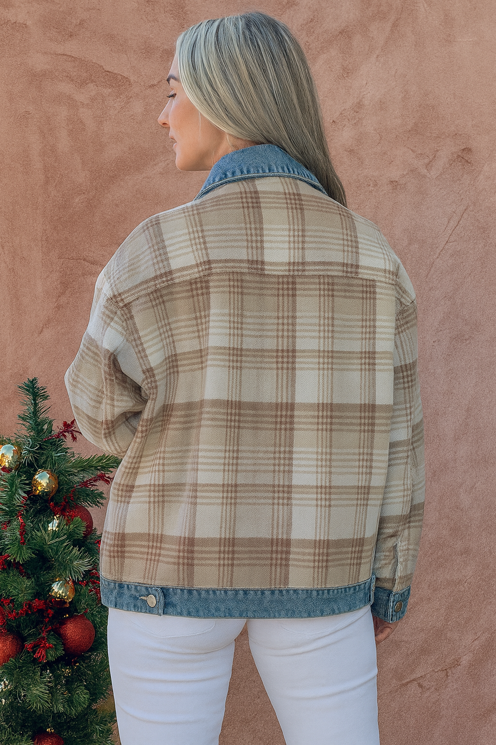 And The Why Full Size Washed Denim Detail Brushed Plaid Jacket