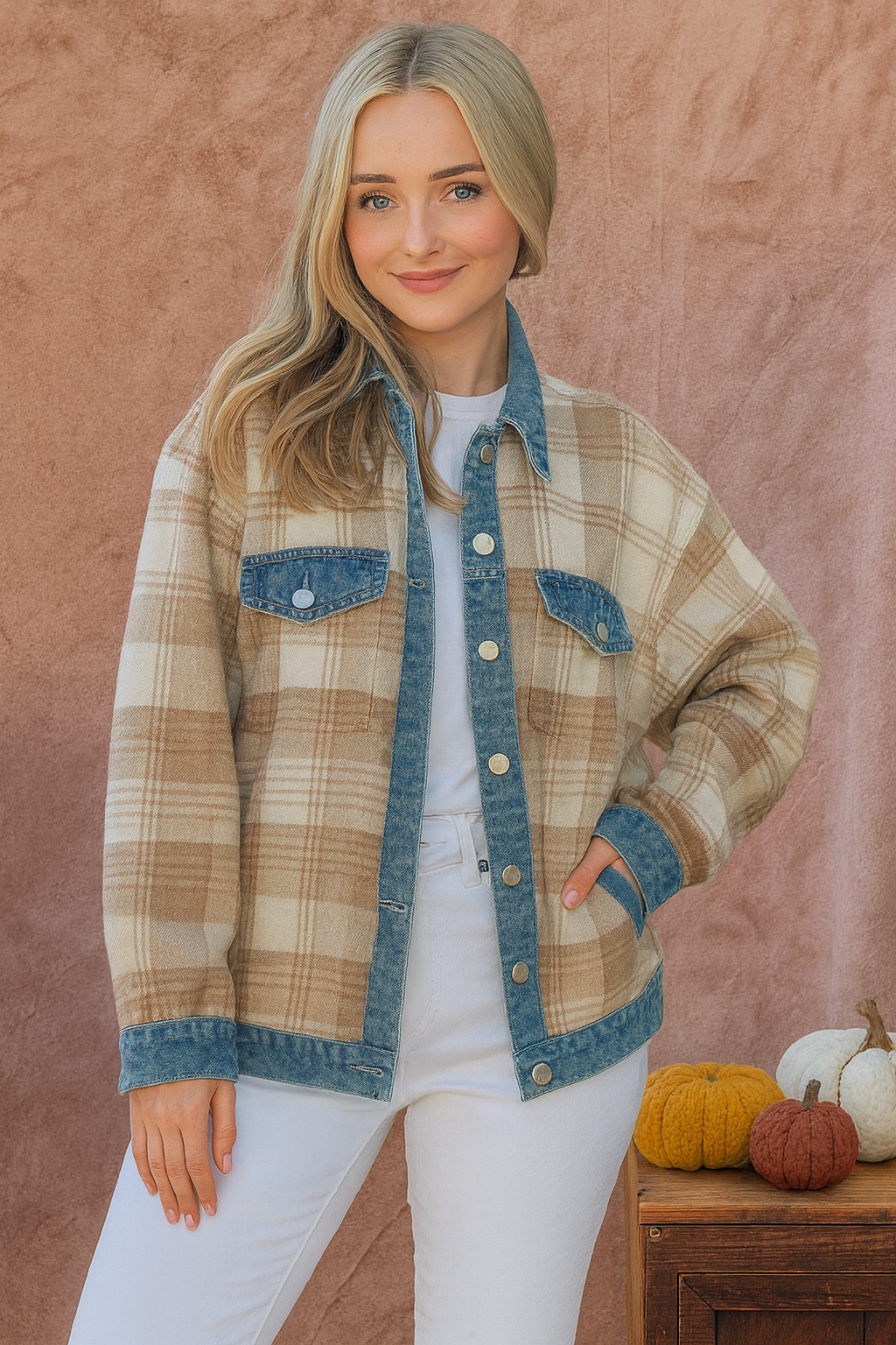 And The Why Full Size Washed Denim Detail Brushed Plaid Jacket