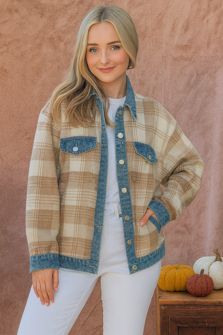 And The Why Full Size Washed Denim Detail Brushed Plaid Jacket