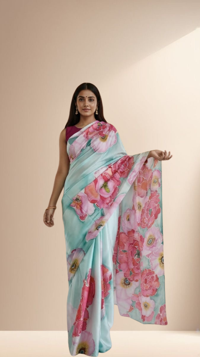 Hand painted peonies satin saree