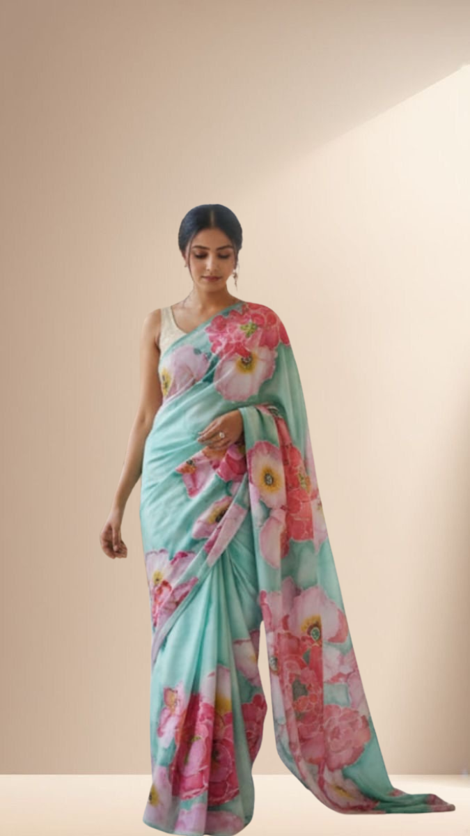 Hand painted peonies satin saree