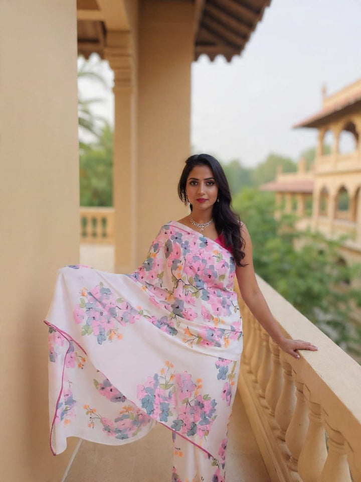 Pure platinum chiffon hand painted saree